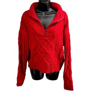 Sanctuary Red Cable Knit Half Zip Sweater S Ring Pull Mock Neck Chunky CW0875MX5
